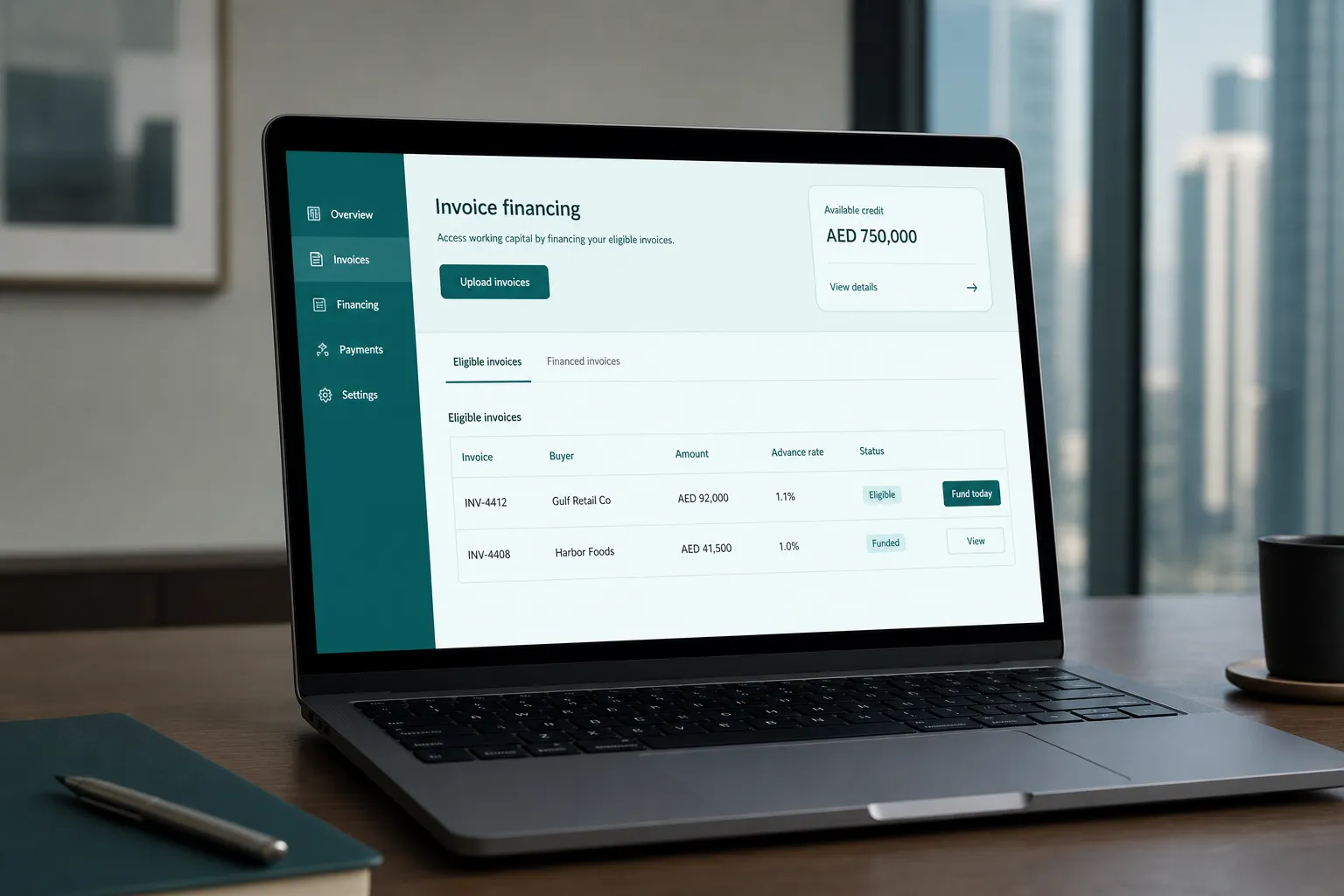 A supplier's eligible invoices with a price already attached and a button that funds them today
