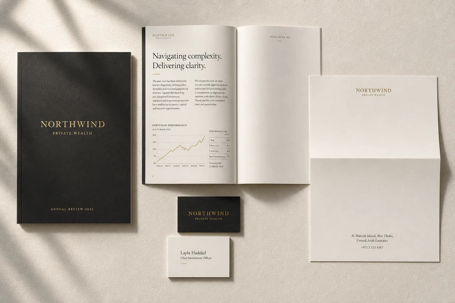 The identity in print: annual review, letterhead and card built to age rather than date