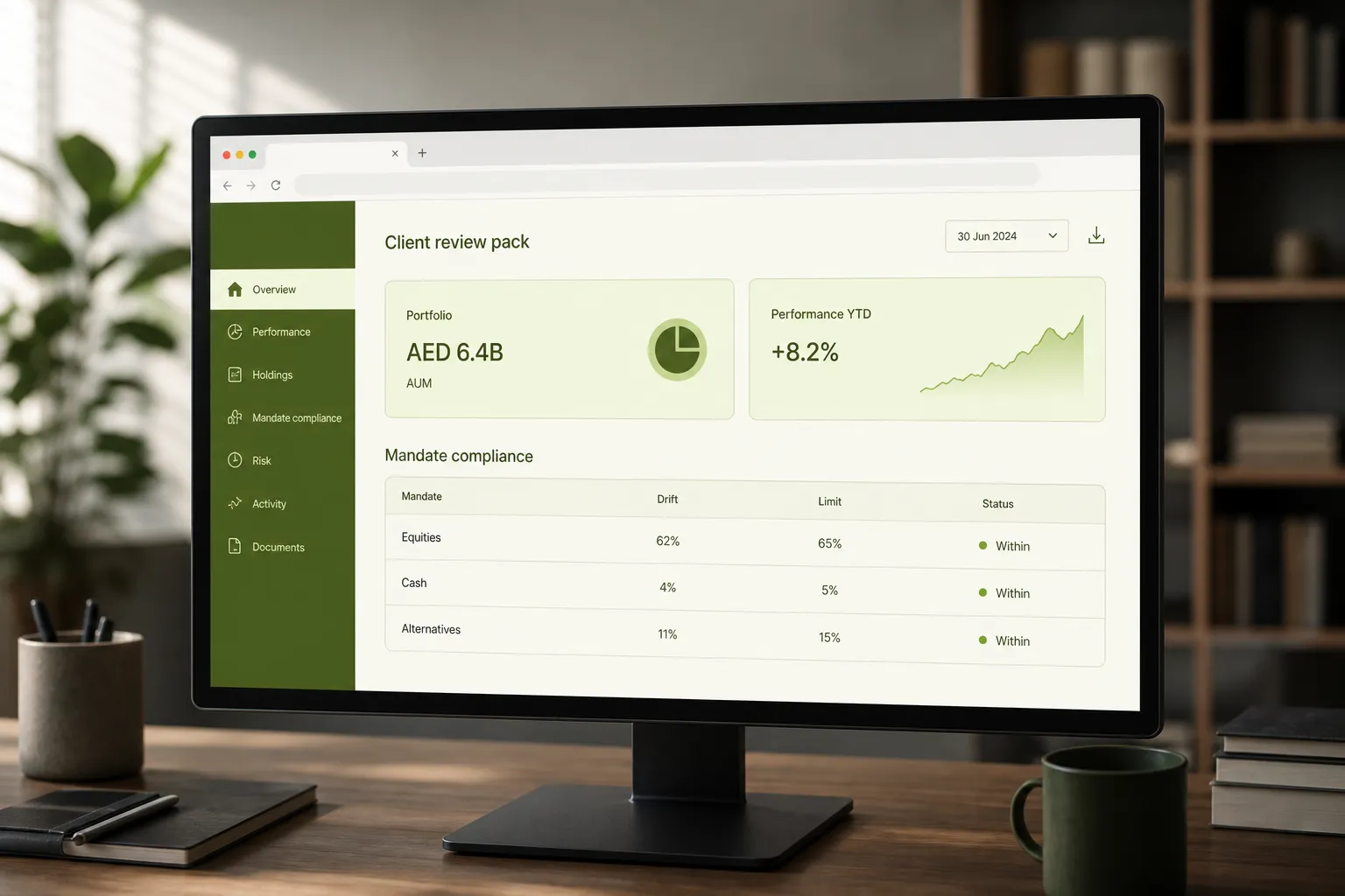 A client review pack built from the same numbers the advisor is looking at