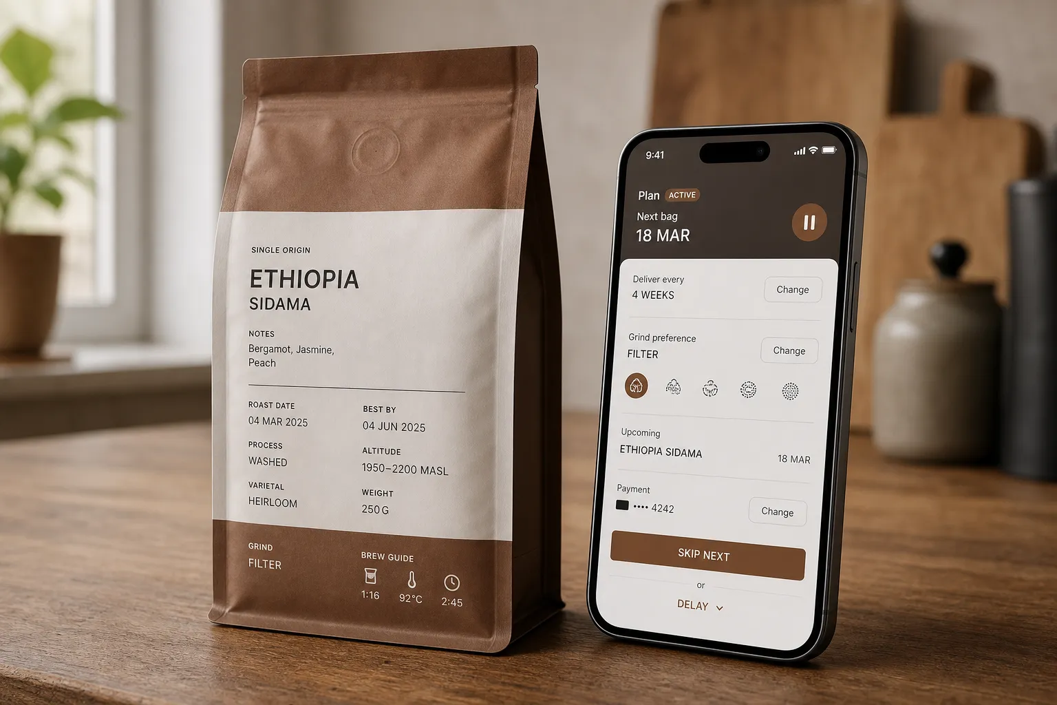 The bag and the plan that ships it: roast date on one, next delivery on the other