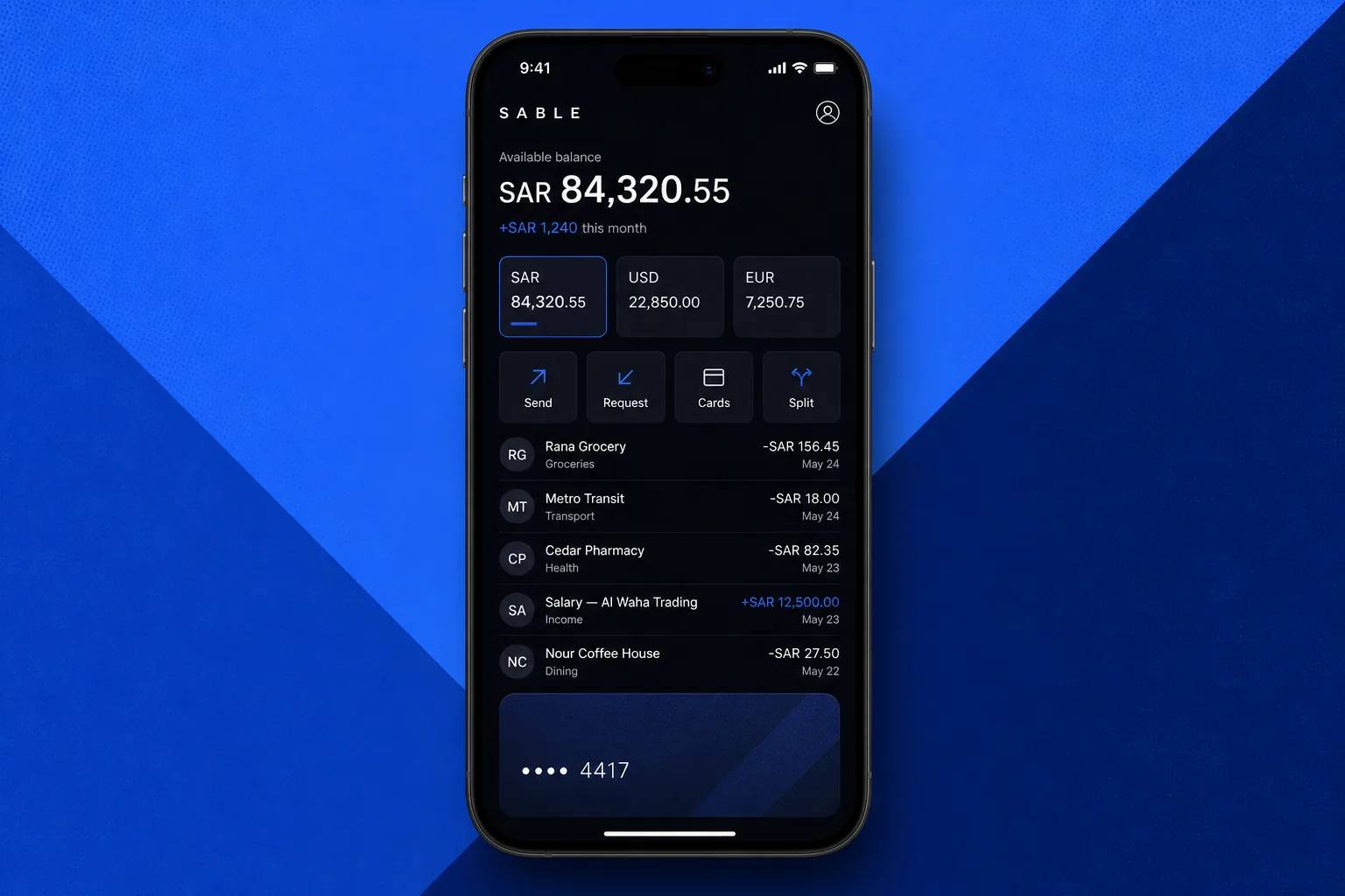 Multi-currency balances and the last five transactions, all reachable with one thumb