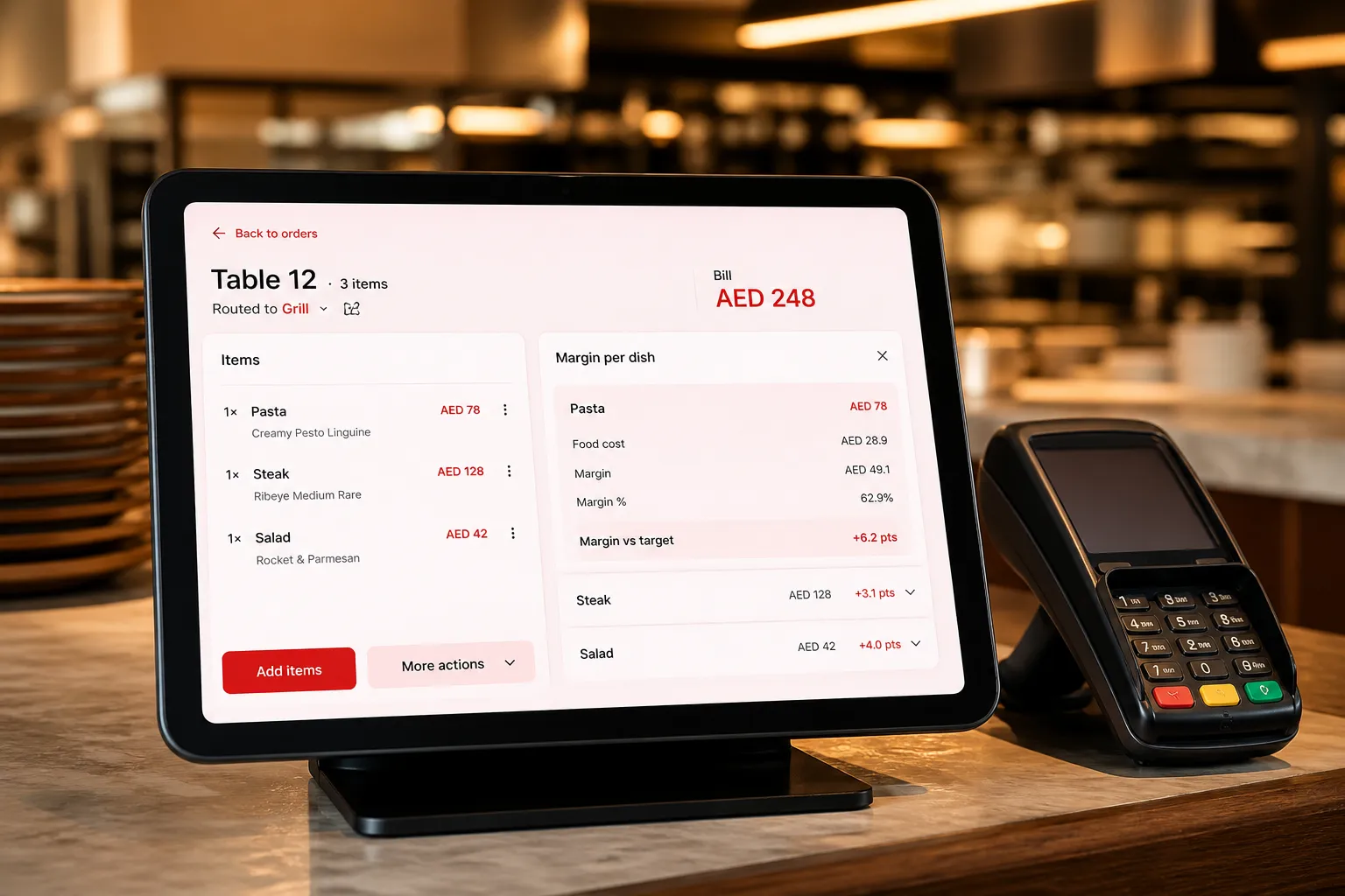 One table's order at the counter, margin per dish sitting beside the bill