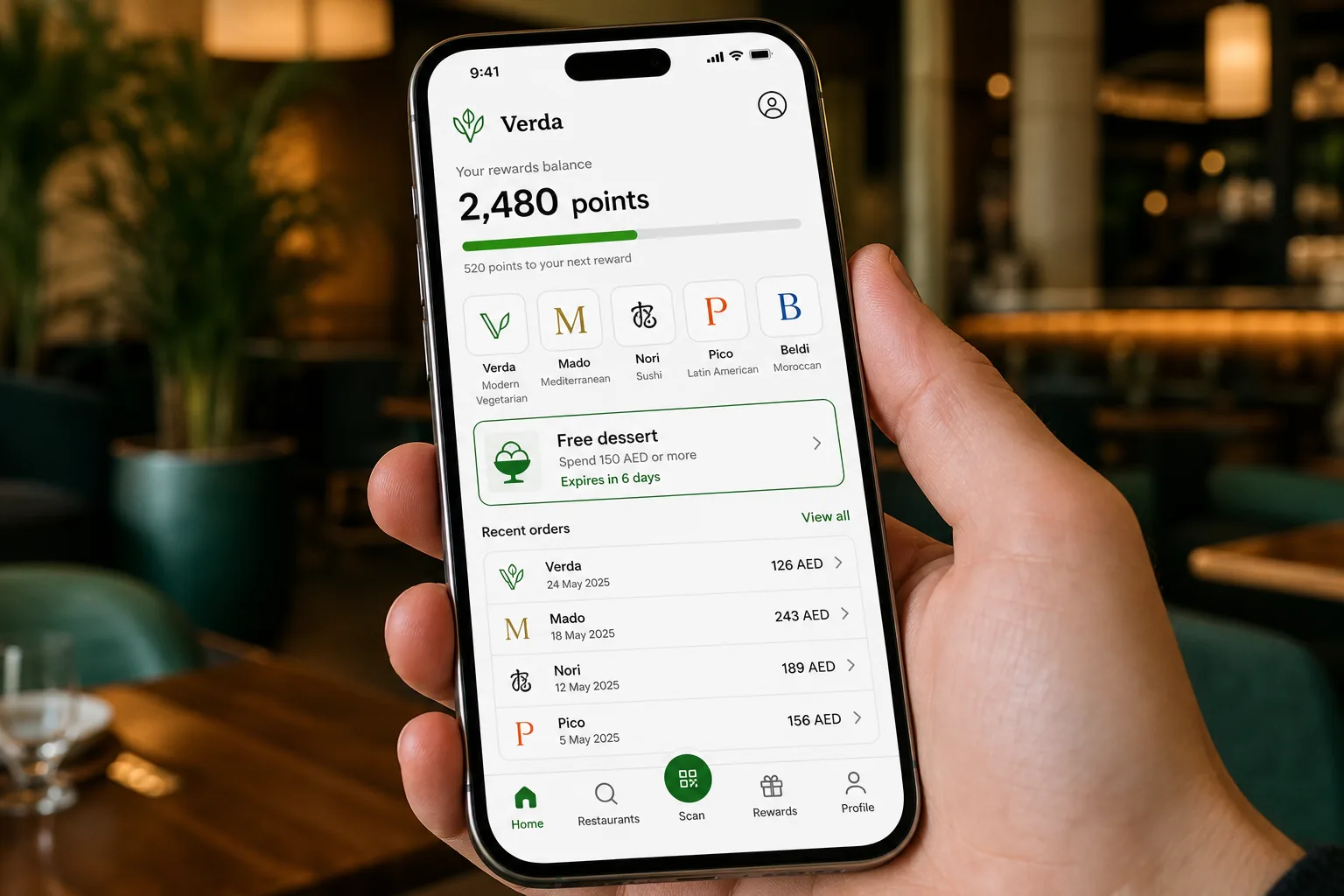 One loyalty account and one wallet across nine restaurants, not nine apps