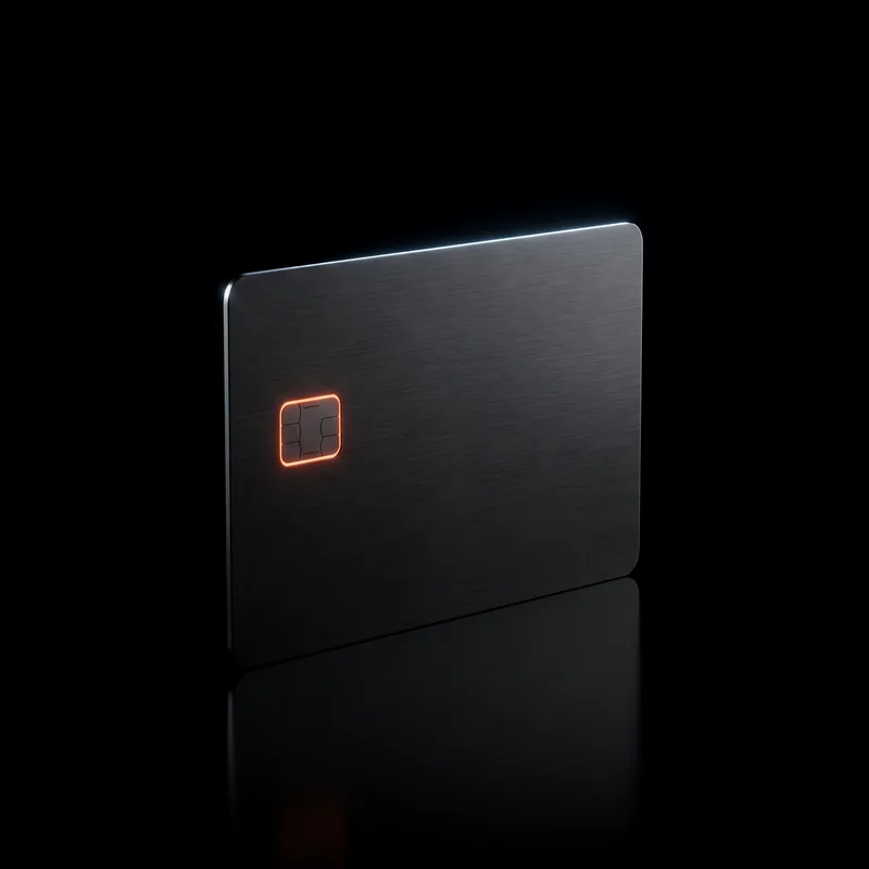 A brushed graphite payment card with an orange-lit chip