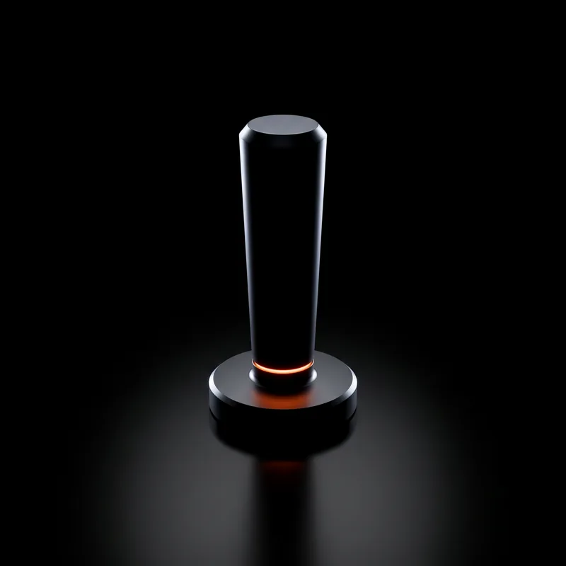 A graphite seal stamp ringed in orange light at its base