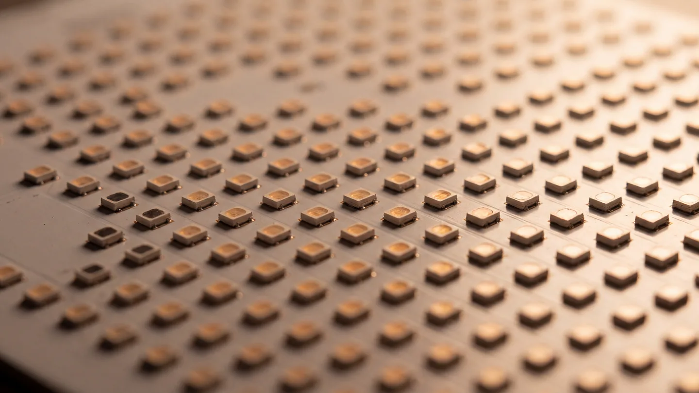 An even grid of tiny components on a white circuit board, most of them lit