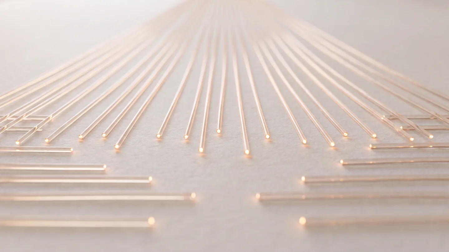 Parallel optical fibres, each carrying a thin line of light