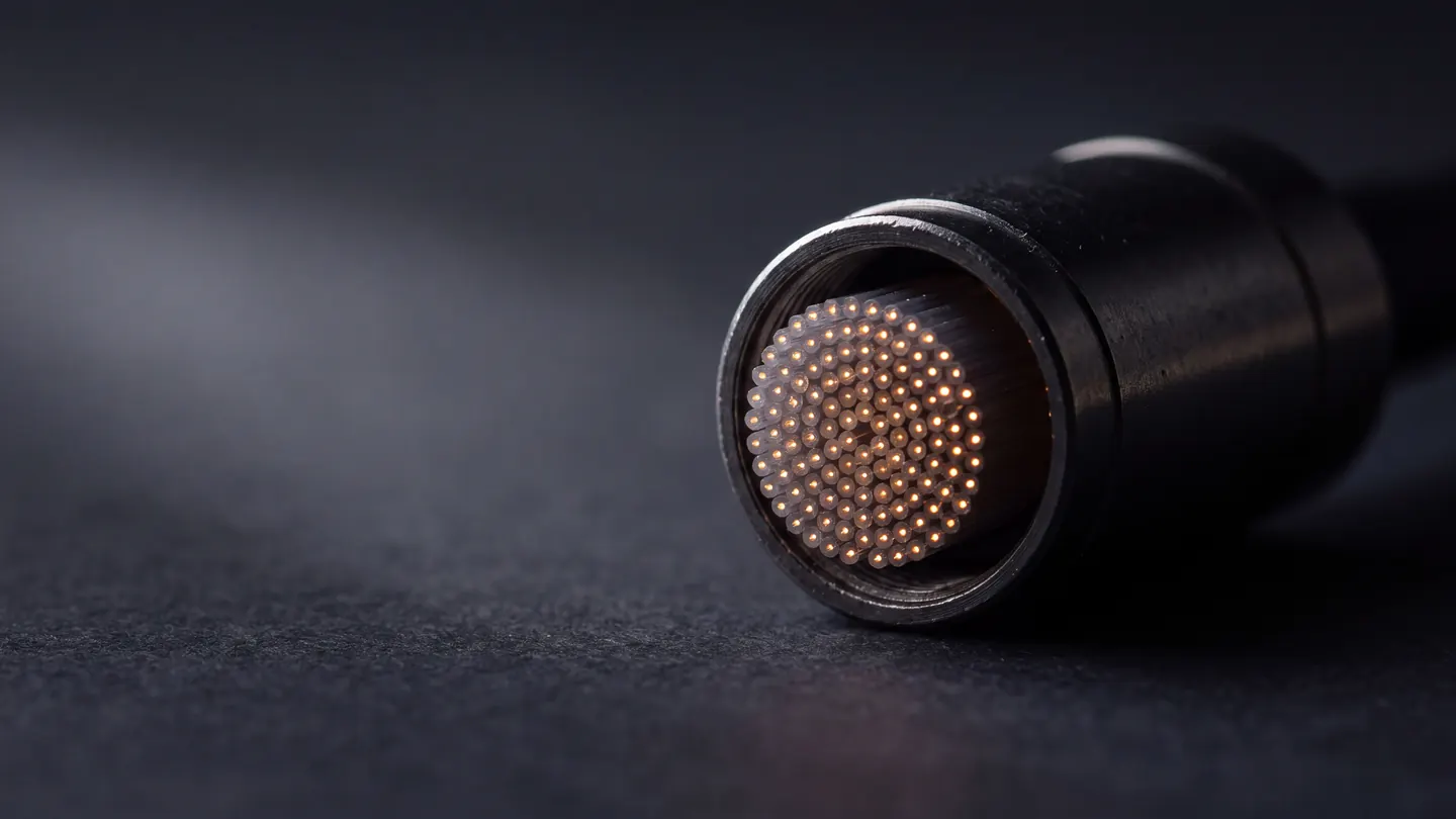 The cut ends of a fibre bundle gathered into one ferrule, each a point of light