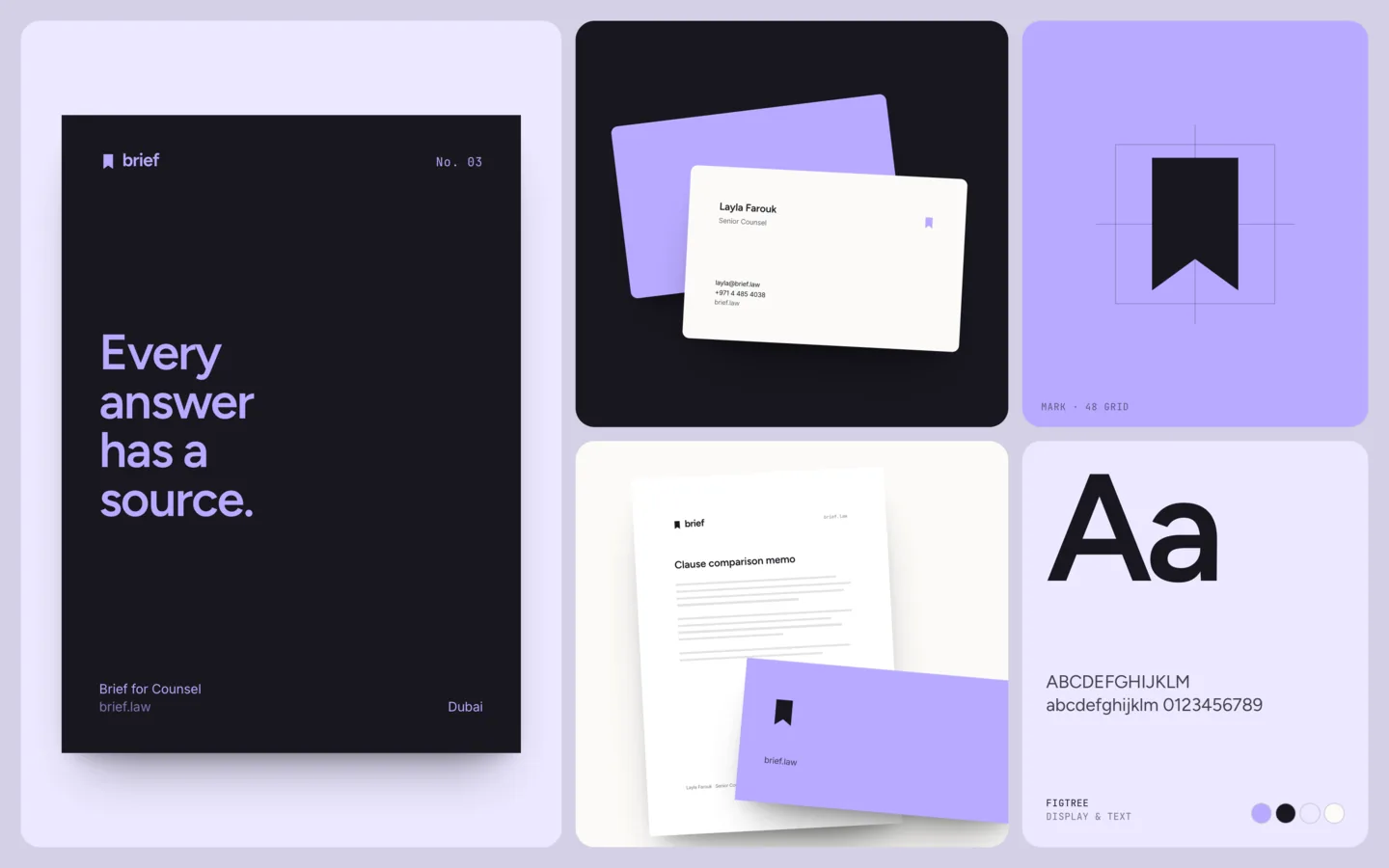 Brief in use: a poster reading Every answer has a source., business cards, the bookmark mark, a memo and a type specimen