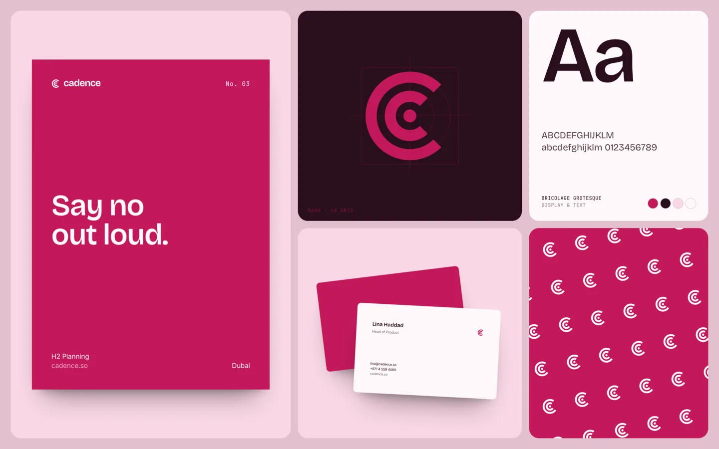 Cadence in use: a magenta poster reading Say no out loud, the mark on its grid, business cards, a type specimen and a mark pattern