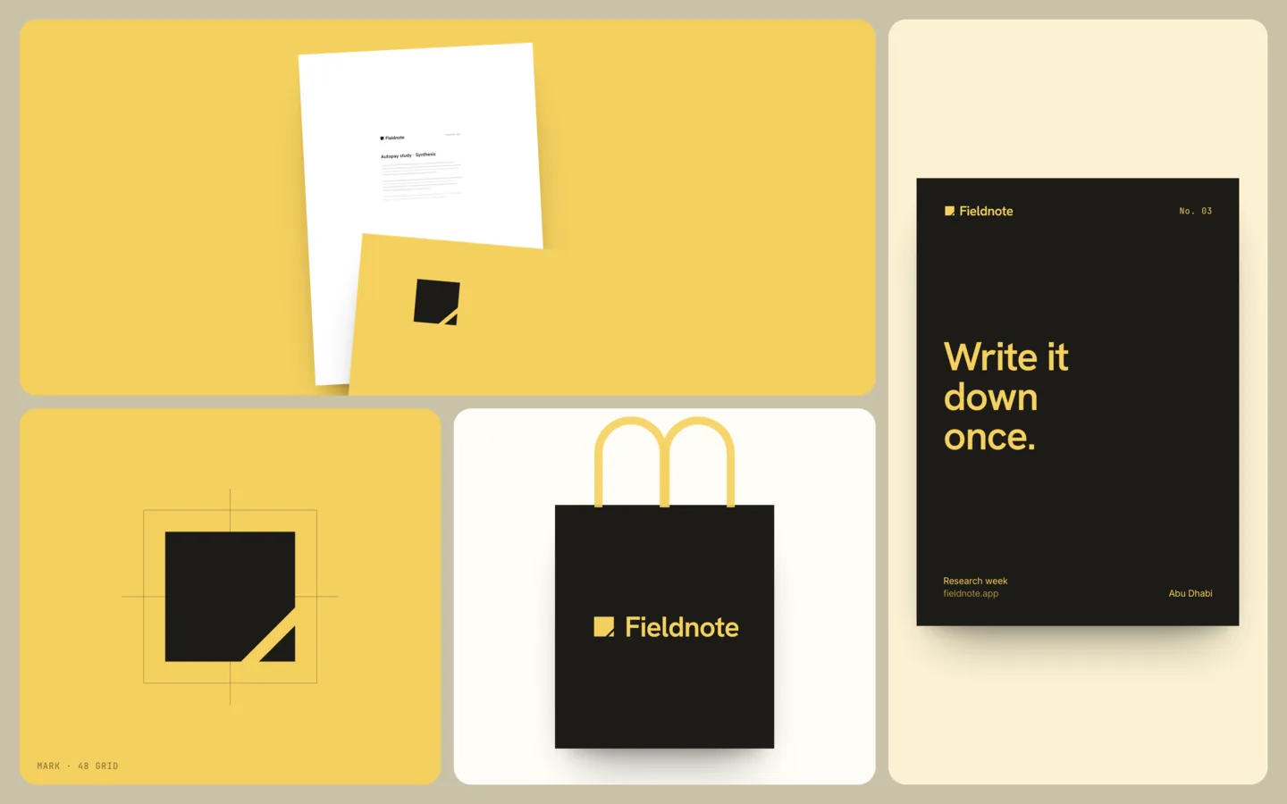 Fieldnote in use: a synthesis report with a yellow envelope, a black poster, the mark on its grid and a tote bag
