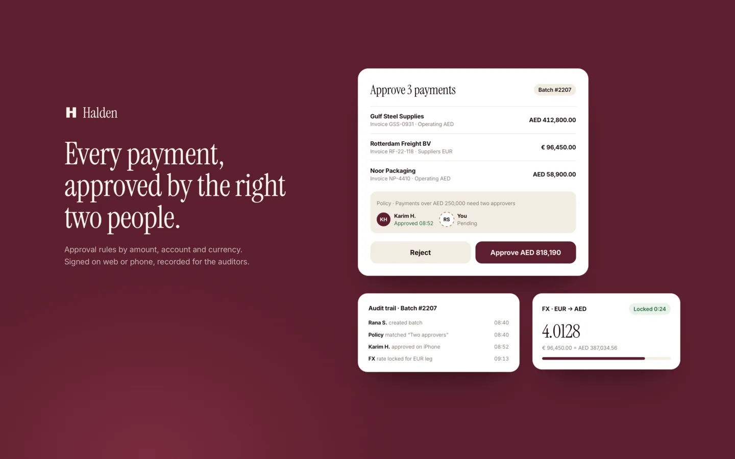 A Halden approval dialog for three supplier payments, with an audit trail and a locked FX rate