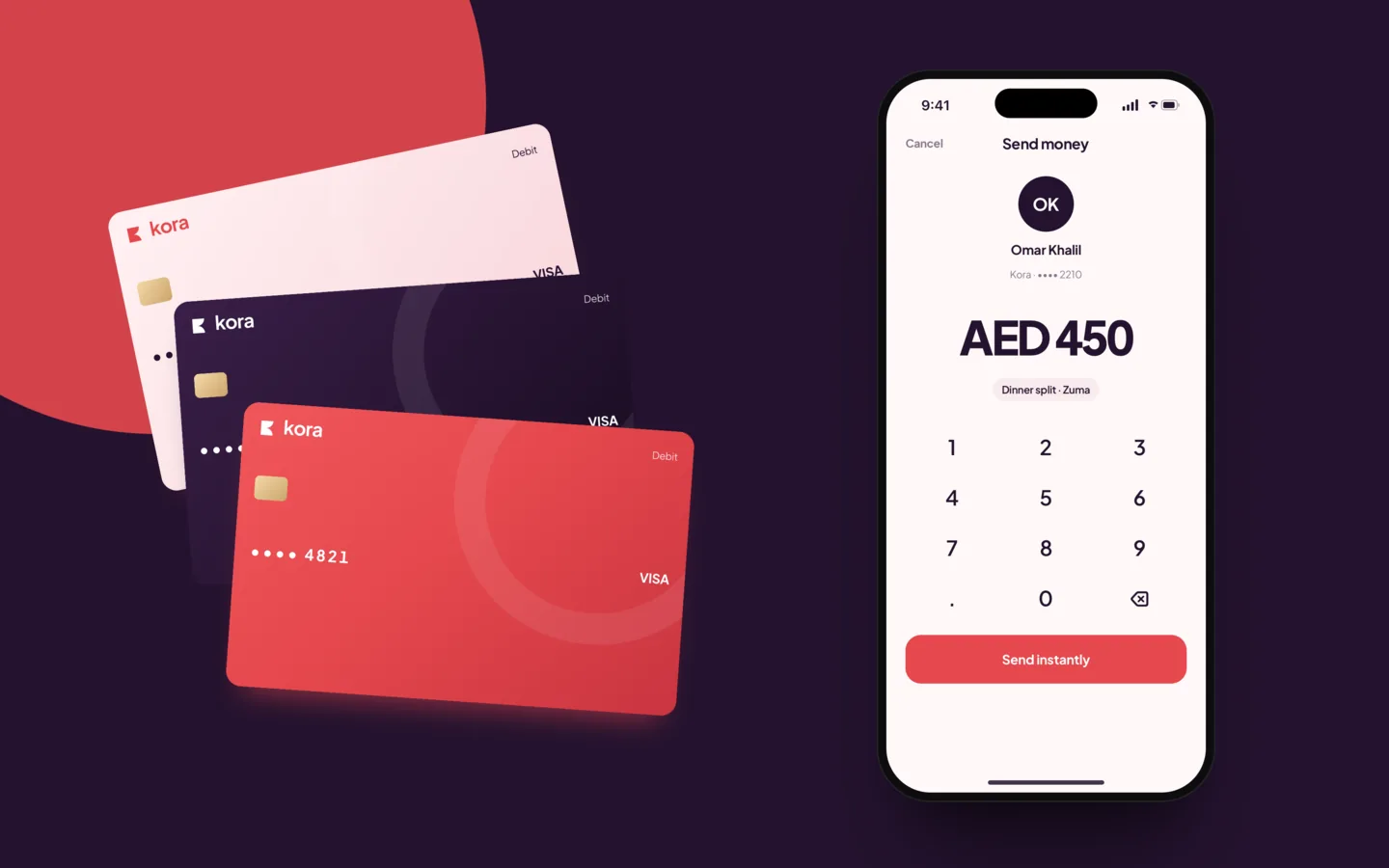 Three Kora debit cards fanned out beside a send-money screen