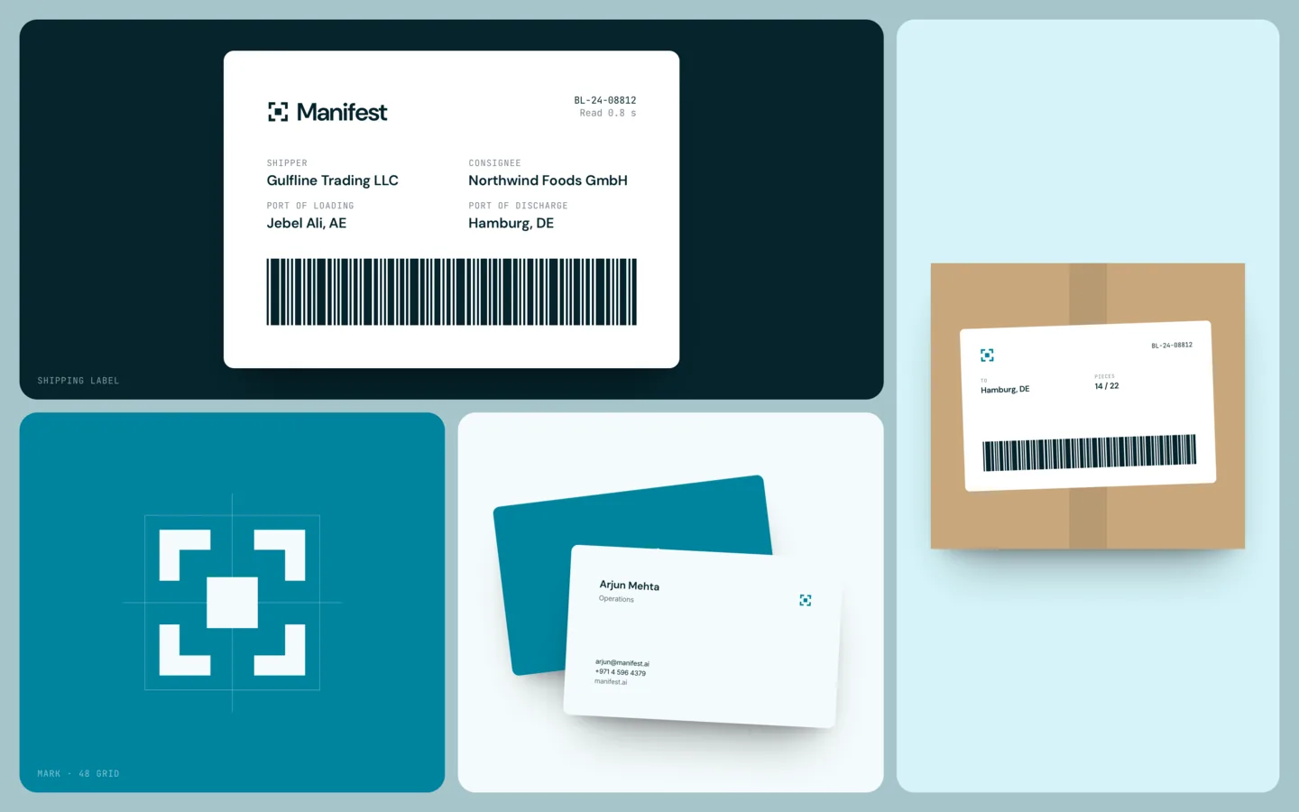 Manifest in use: a shipping label with a barcode, a labelled parcel, the scan mark and business cards