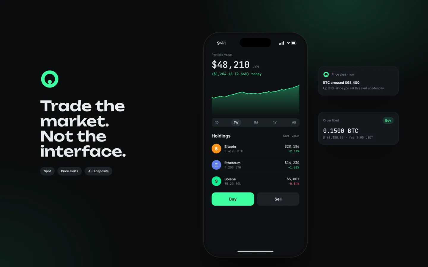 The Ostra mobile portfolio beside a price alert and an order-filled notification