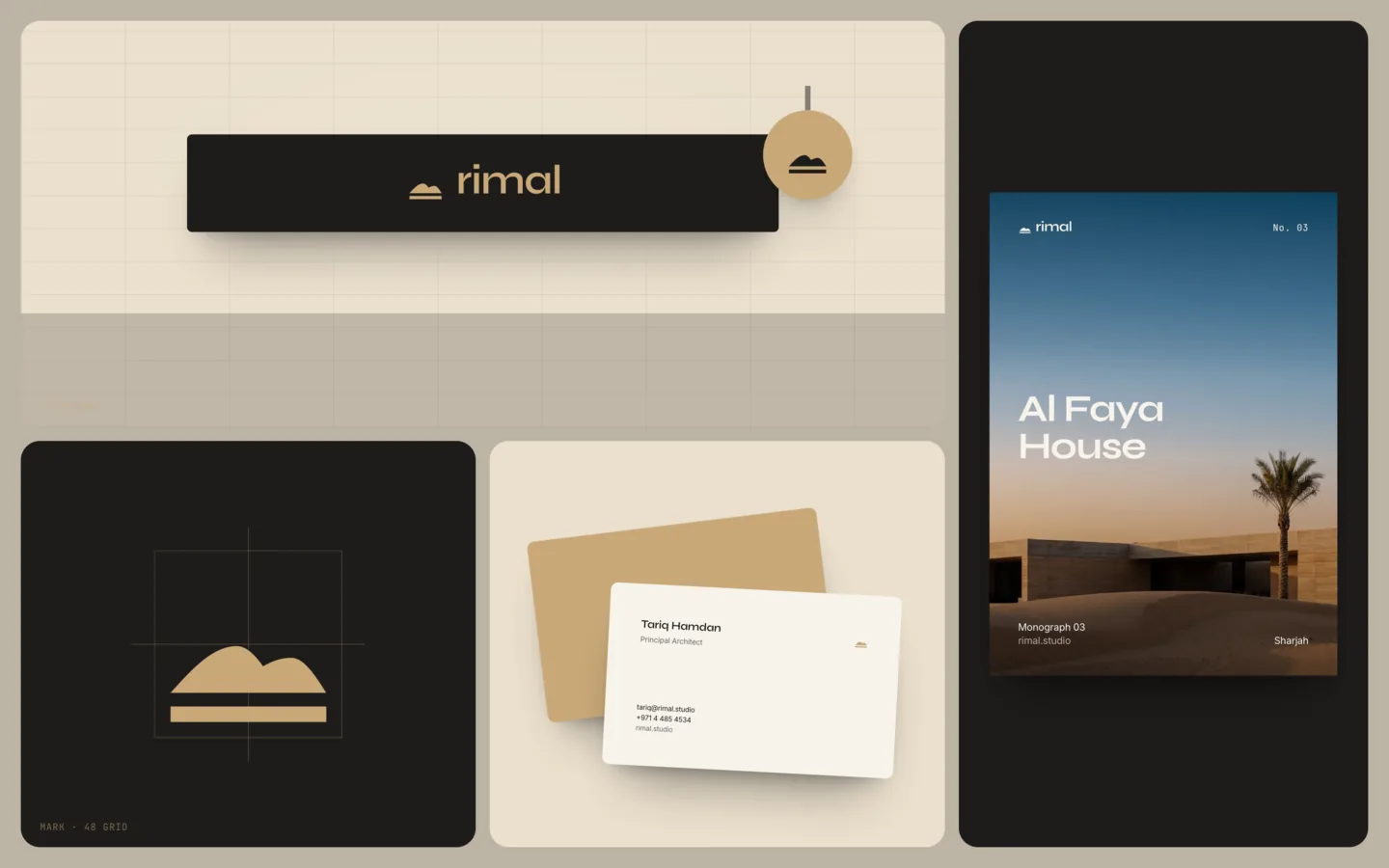 Rimal in use: a studio sign on a stone wall, a monograph poster of a desert house, the dune mark and business cards