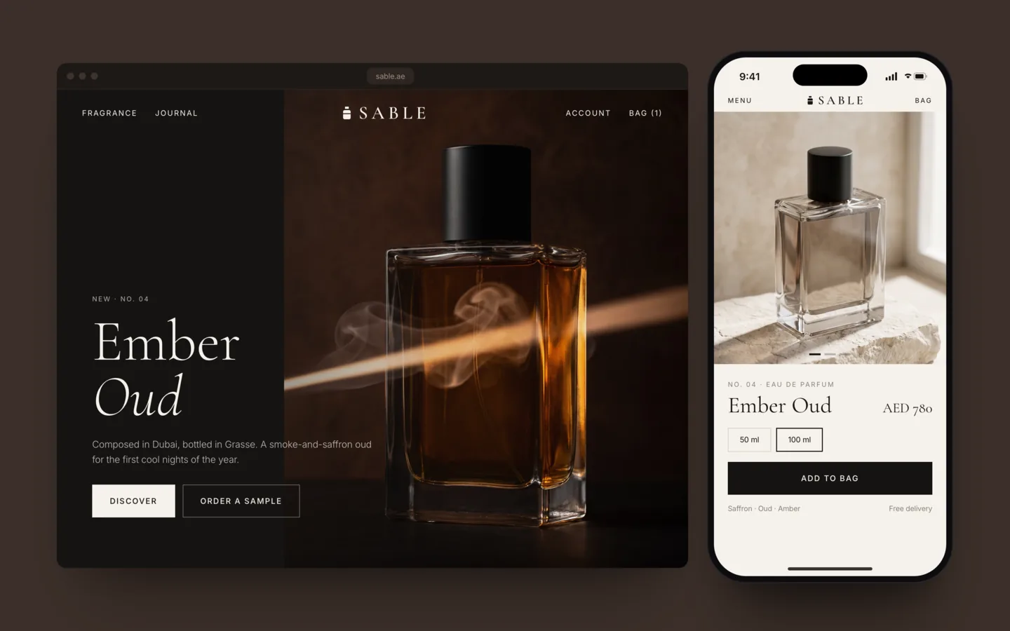 A Sable campaign page with the bottle in smoke and light, beside the mobile product page