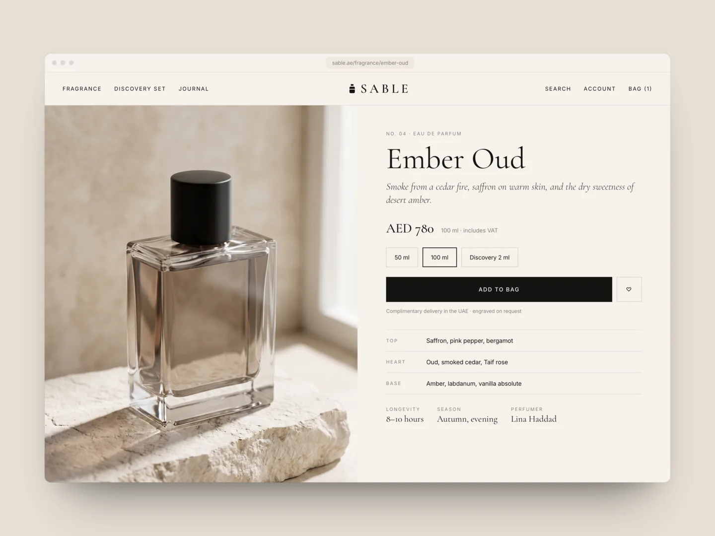 The Sable product page for Ember Oud with a glass bottle on stone