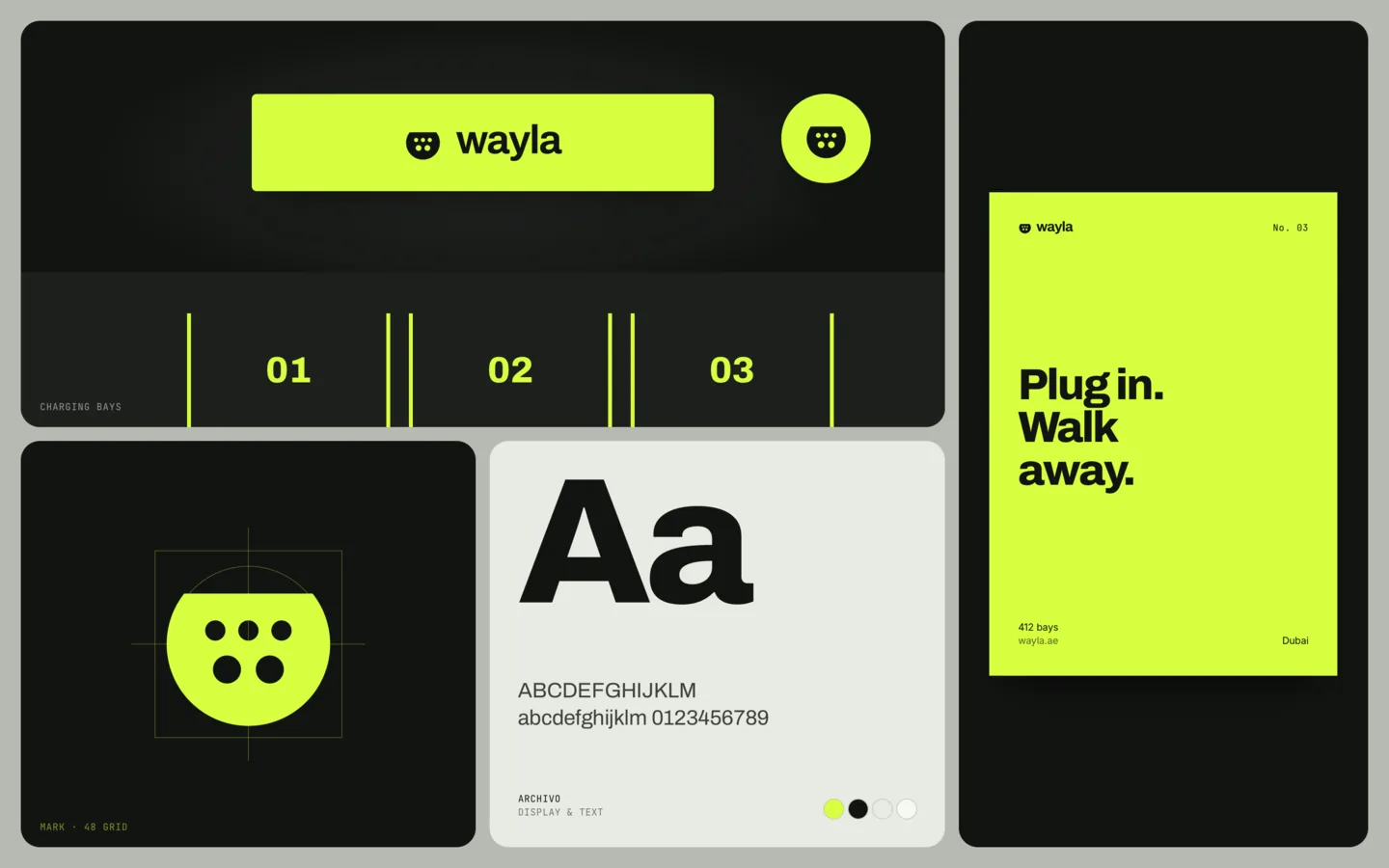 Wayla in use: a volt sign over three charging bays, a poster reading Plug in. Walk away., the connector mark and a type specimen